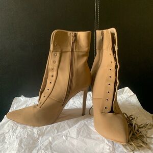 satin(ish) tan lace up heeled boots